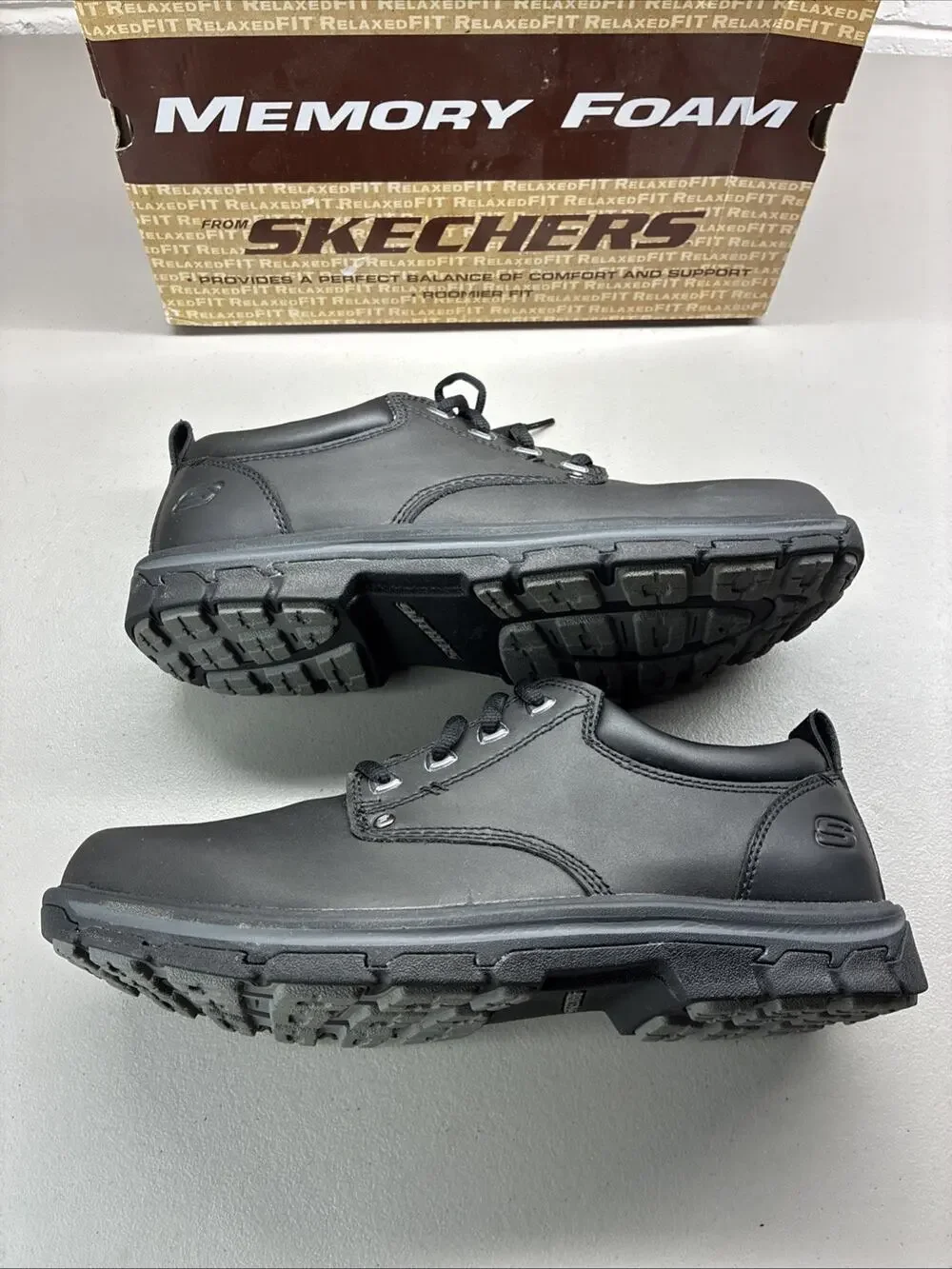 Skechers Relaxed Fit Memory Foam Black Leather Work Shoes Mens 12 SN 64260 - Picture 1 of 10
